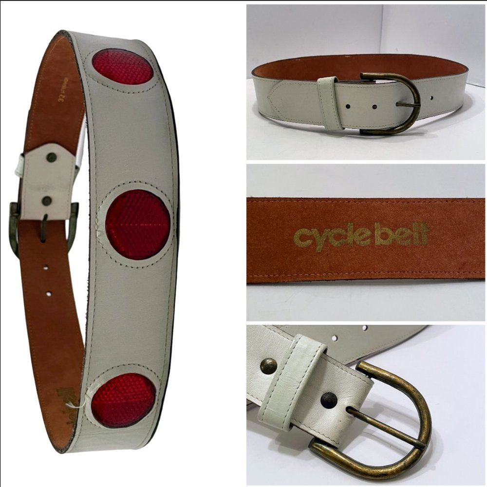Vintage Harness House White Leather with 3 Red Reflectors Cycle Belt Size: 32
